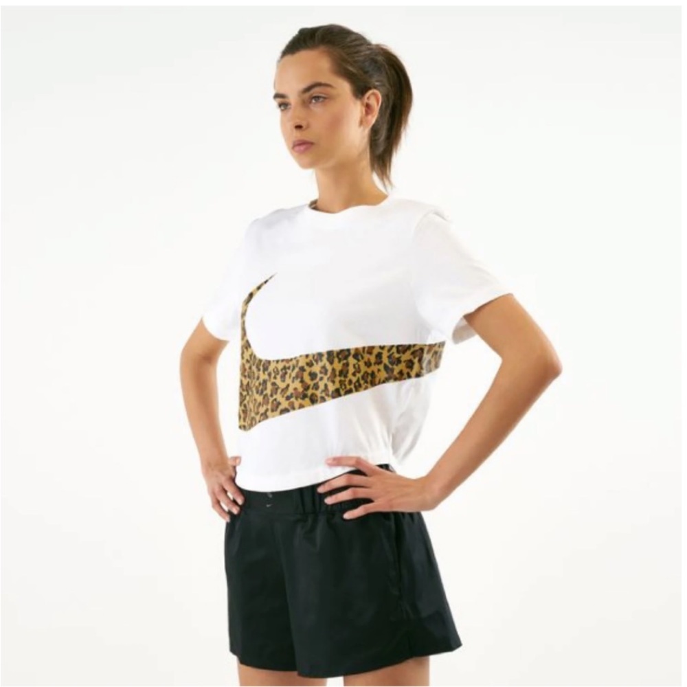 Nike White Tee with Leopard Swoosh